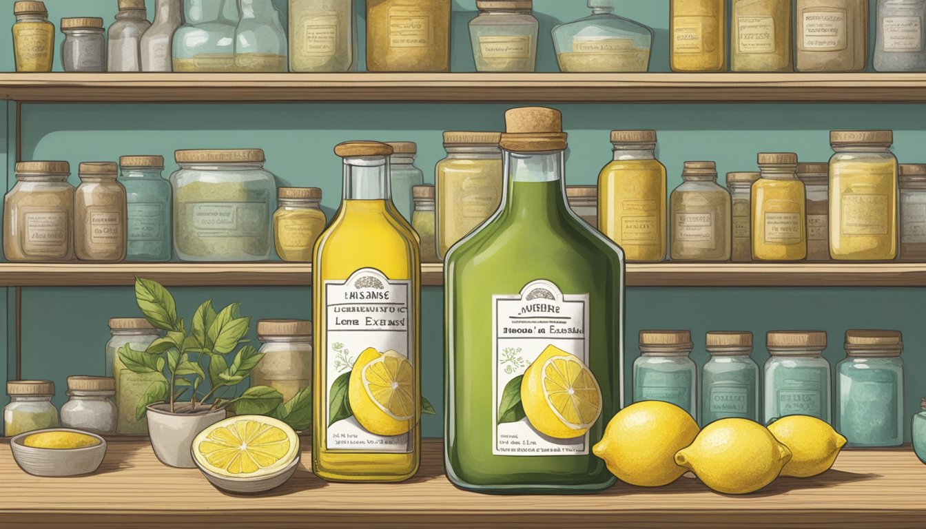 A bottle of lemon extract sits on a shelf, surrounded by other baking ingredients. The label is faded, suggesting it may be past its expiration date