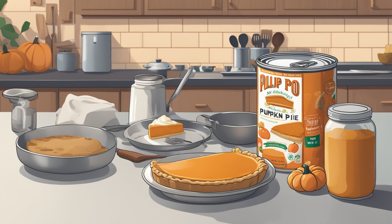 A can of pumpkin pie mix sits open on a kitchen counter, surrounded by leftover ingredients and utensils. A half-eaten pie sits nearby, next to a concerned-looking cook checking the expiration date on the can