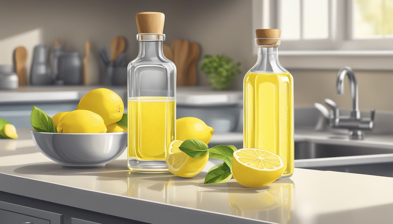 A glass bottle of lemon extract sits on a clean, well-lit kitchen countertop next to a bowl of fresh lemons and a measuring spoon