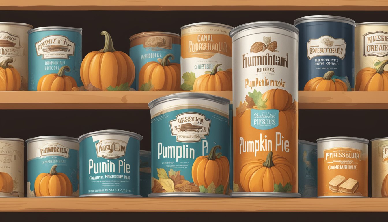 A can of pumpkin pie mix sits on a shelf, surrounded by other canned goods. The label is faded, and the can appears dented and rusty