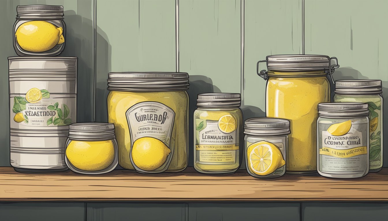 A jar of lemon curd sits on a shelf, surrounded by other canned goods. The label is faded, and the lid is slightly rusted