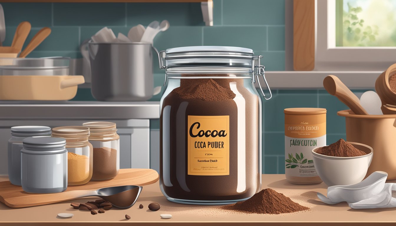 A jar of cocoa powder sits open on a kitchen counter, surrounded by various baking ingredients. The expiration date on the jar is visible