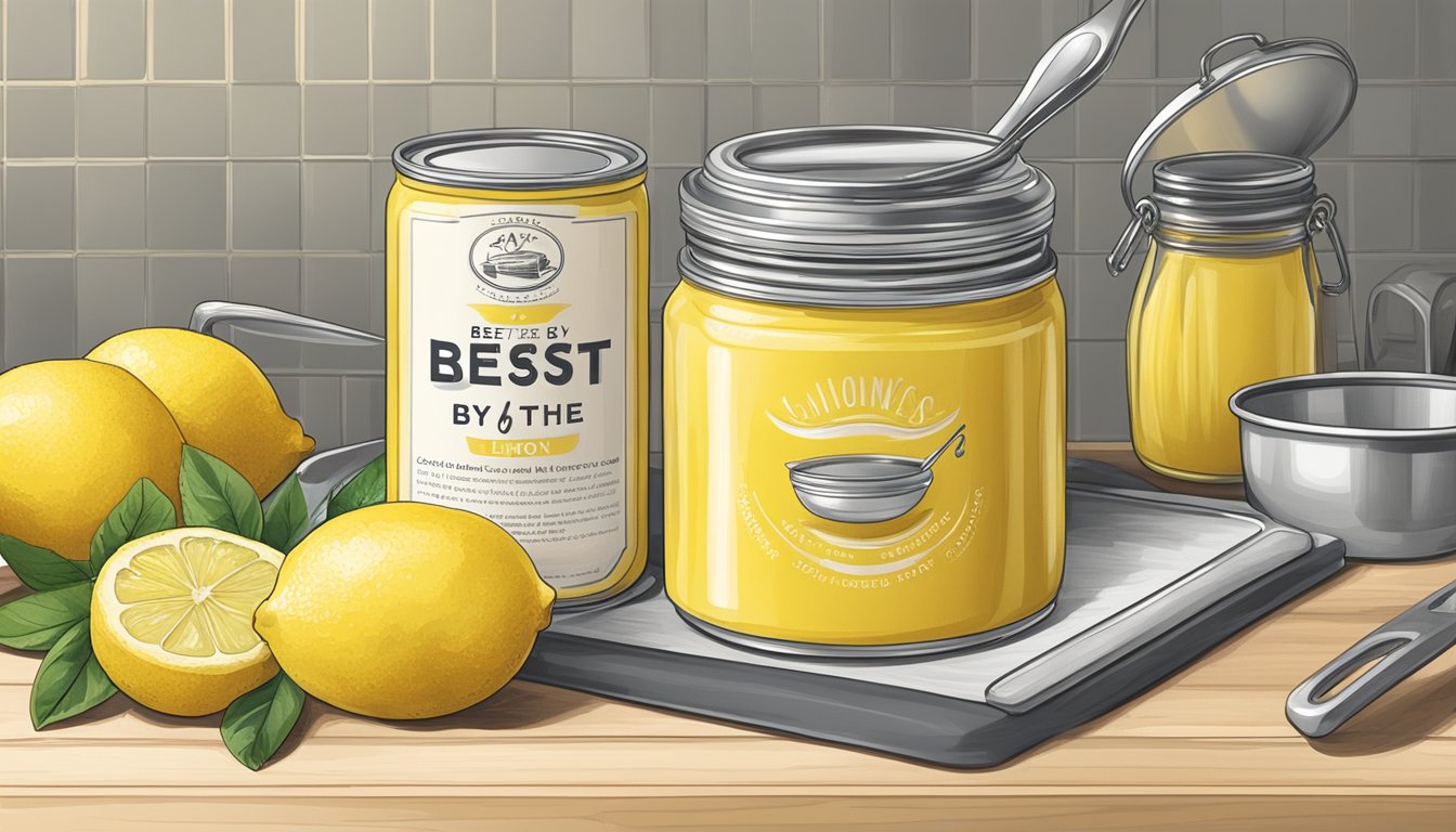 A can of lemon curd with a "best by" date on the label, surrounded by various kitchen utensils and a clean, organized countertop