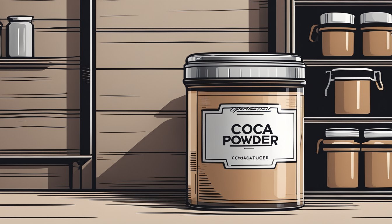 A sealed container of cocoa powder stored in a cool, dark pantry