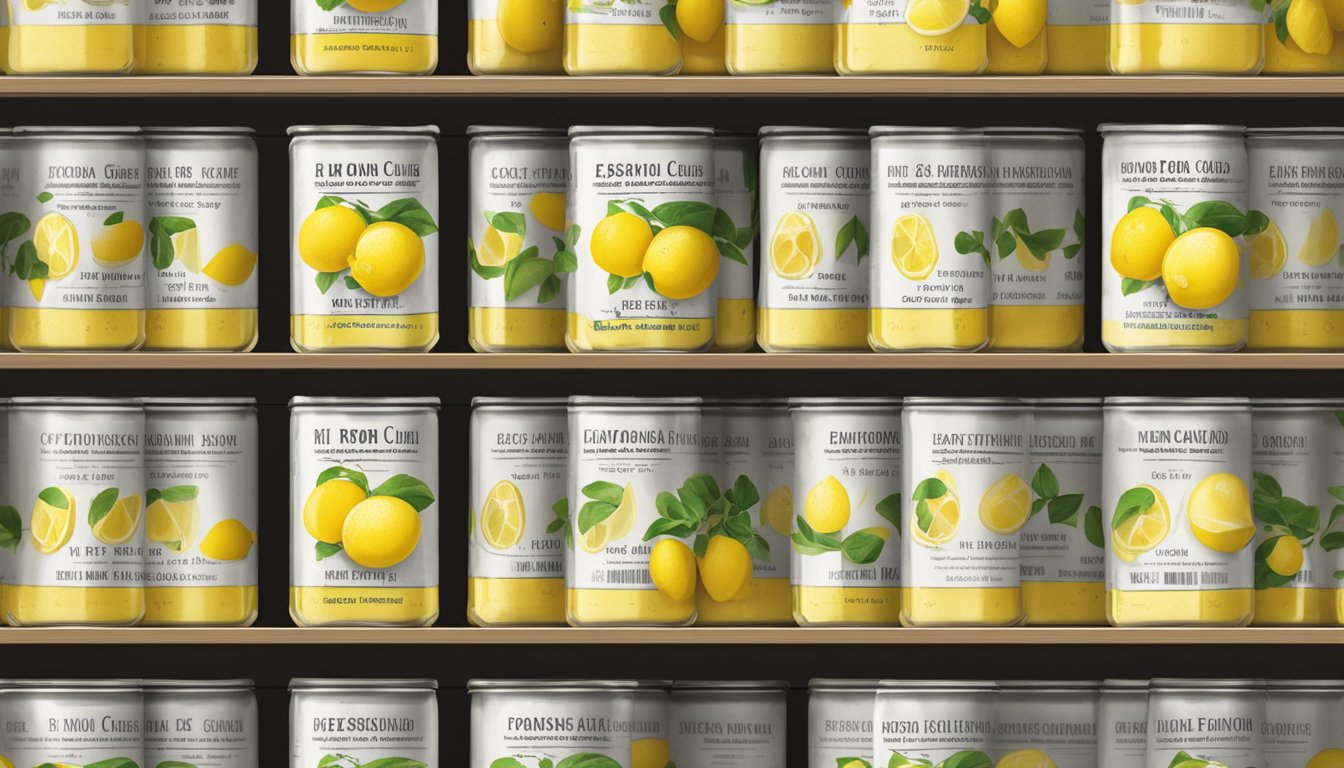 A row of canned lemon curd on a shelf, with expiration dates clearly visible on the labels