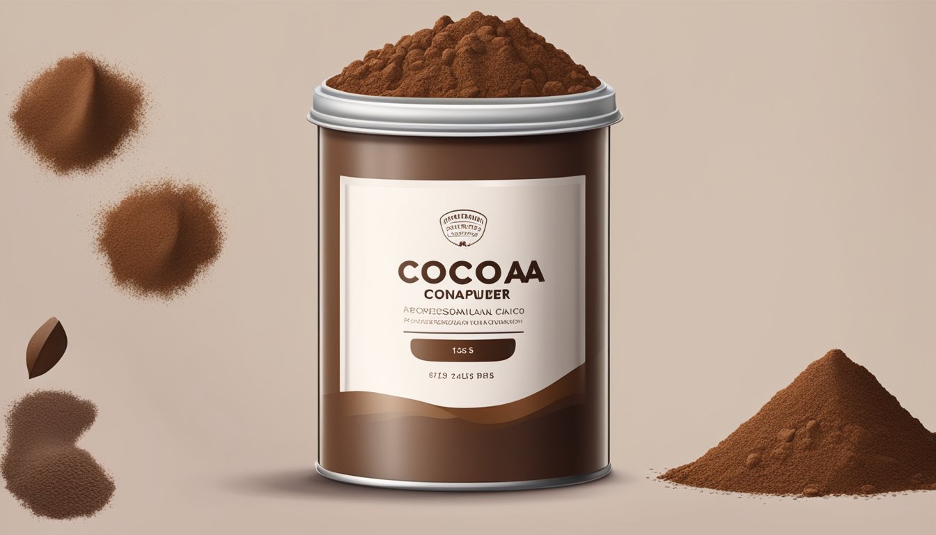 A half-opened container of cocoa powder with a musty smell, clumpy texture, and discolored patches