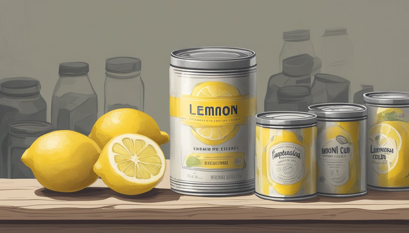 A can of lemon curd sits on a dusty shelf, surrounded by other canned goods. The label is faded, and the lid is slightly rusted