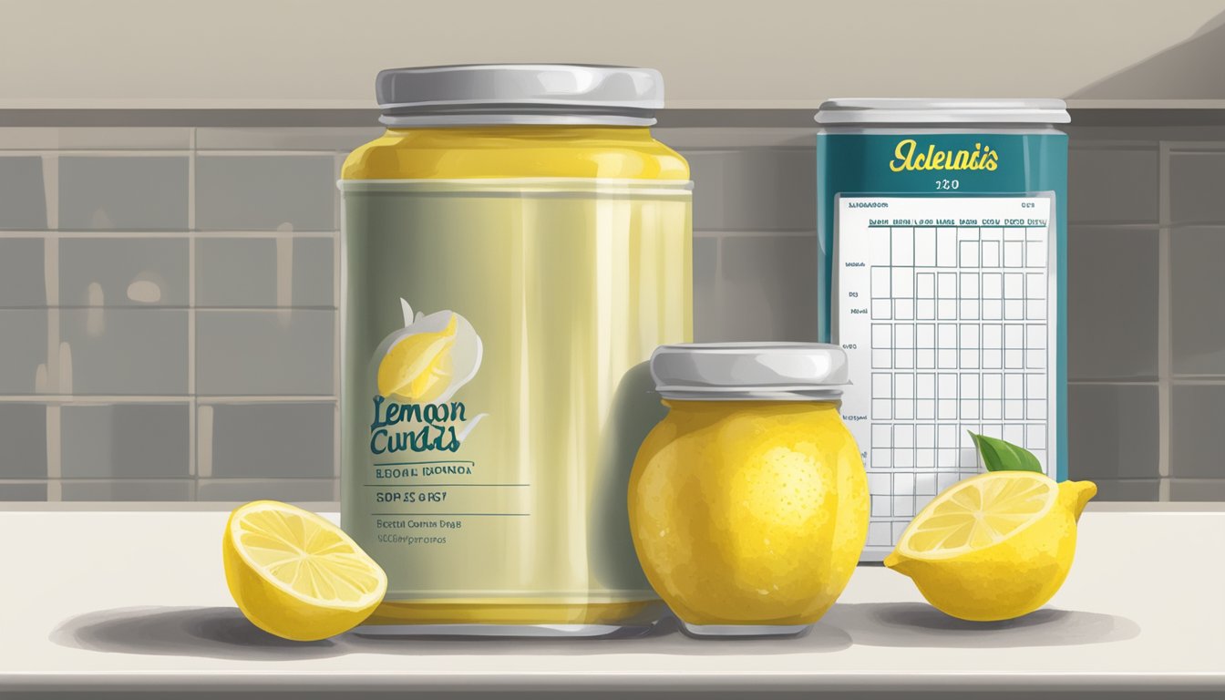 A can of lemon curd sits on a kitchen shelf, next to a calendar showing an expired date. The curd has turned a darker color and there are visible signs of mold