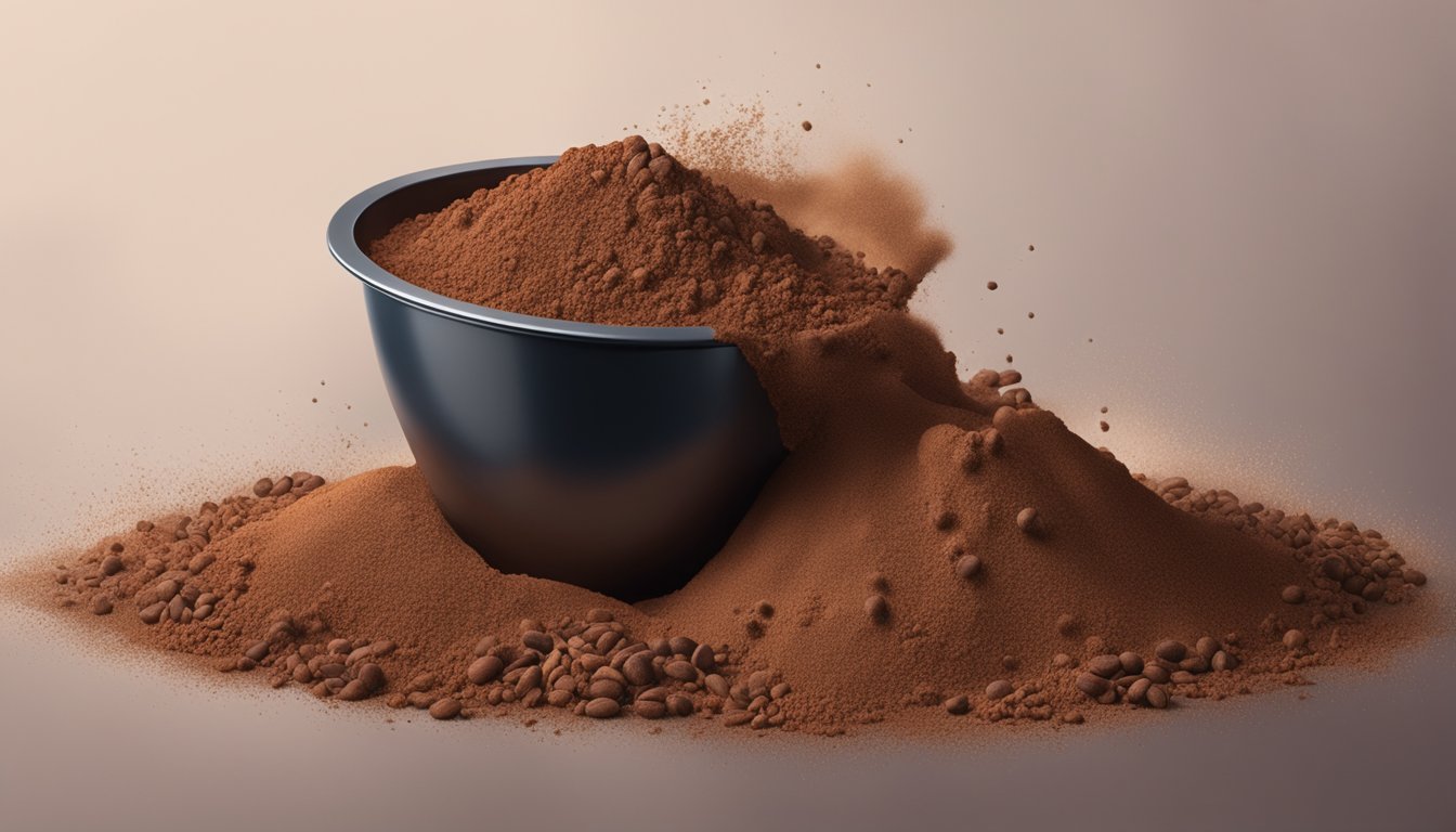 A pile of expired cocoa powder spilling out of an open container, with visible signs of clumping and discoloration