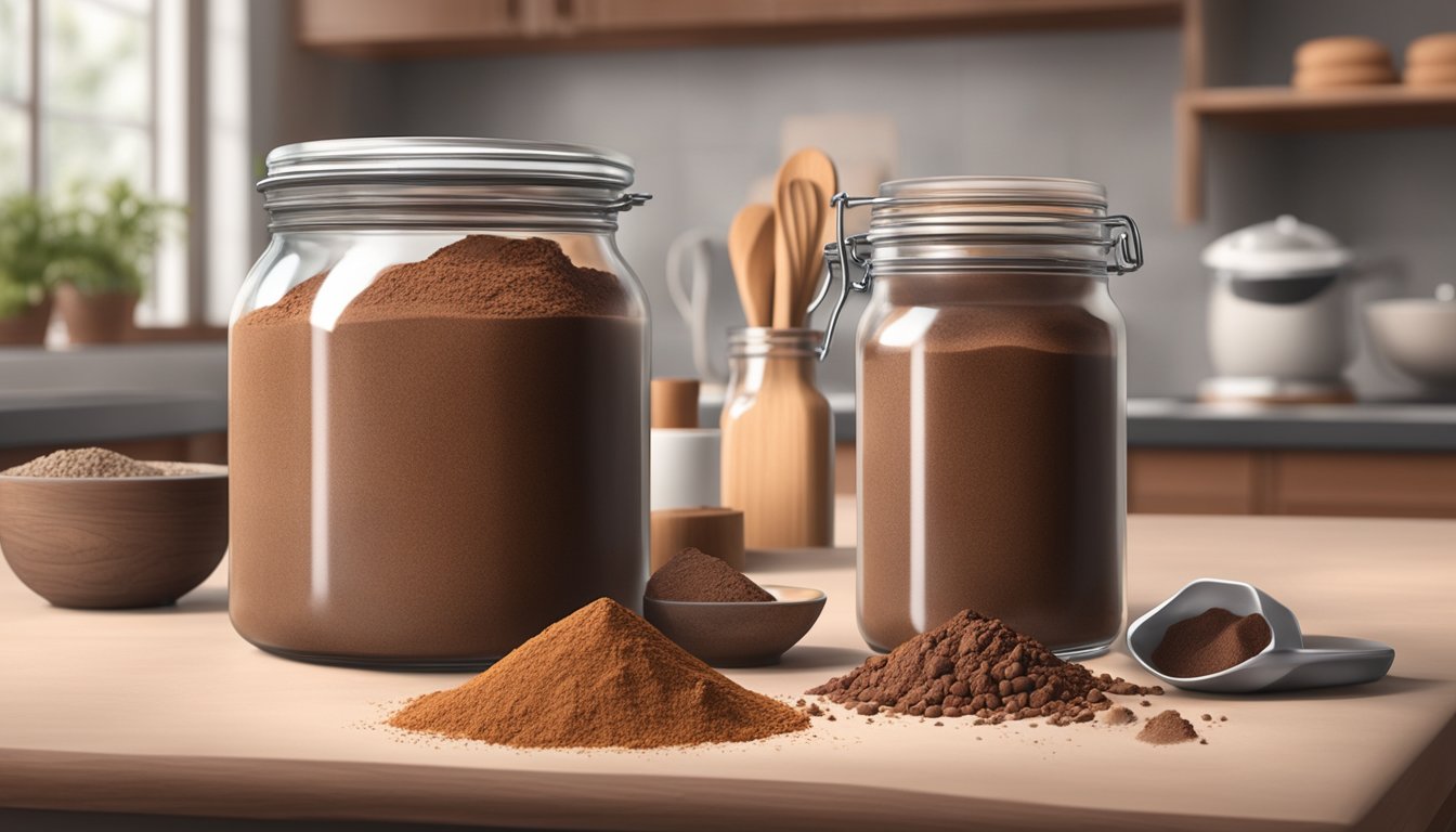 A jar of cocoa powder sits on a kitchen counter surrounded by baking ingredients and utensils. A cloud of cocoa powder dusts the air