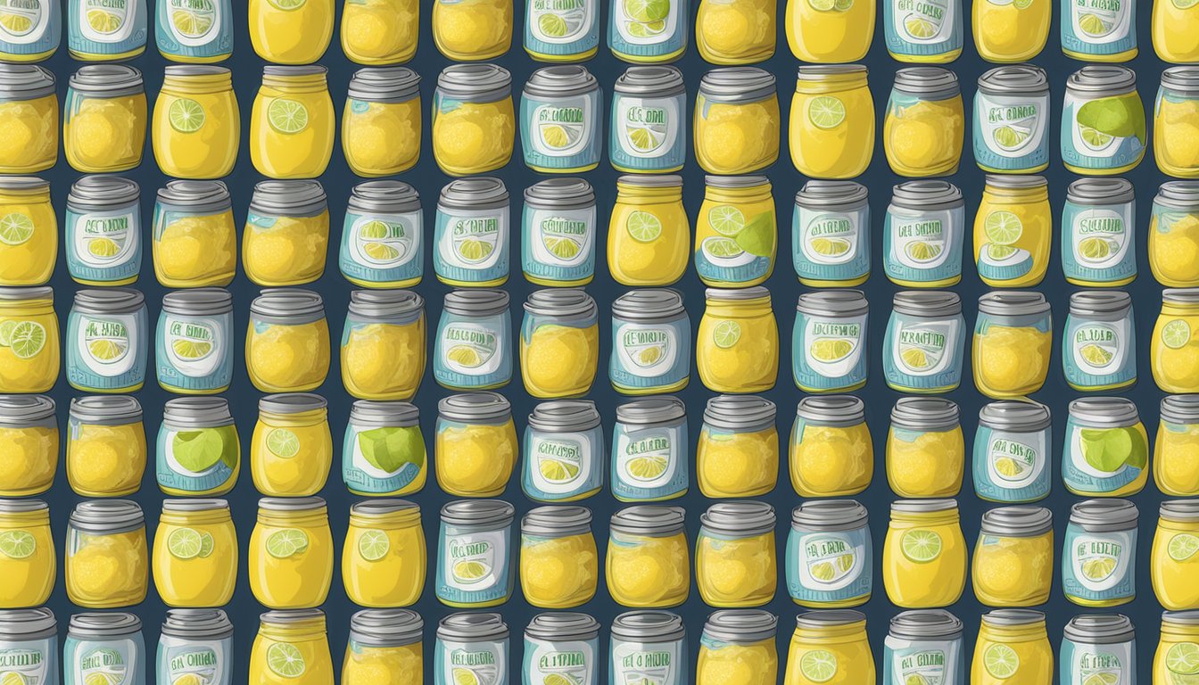 A shelf with a row of canned lemon curd, some with expiration dates visible