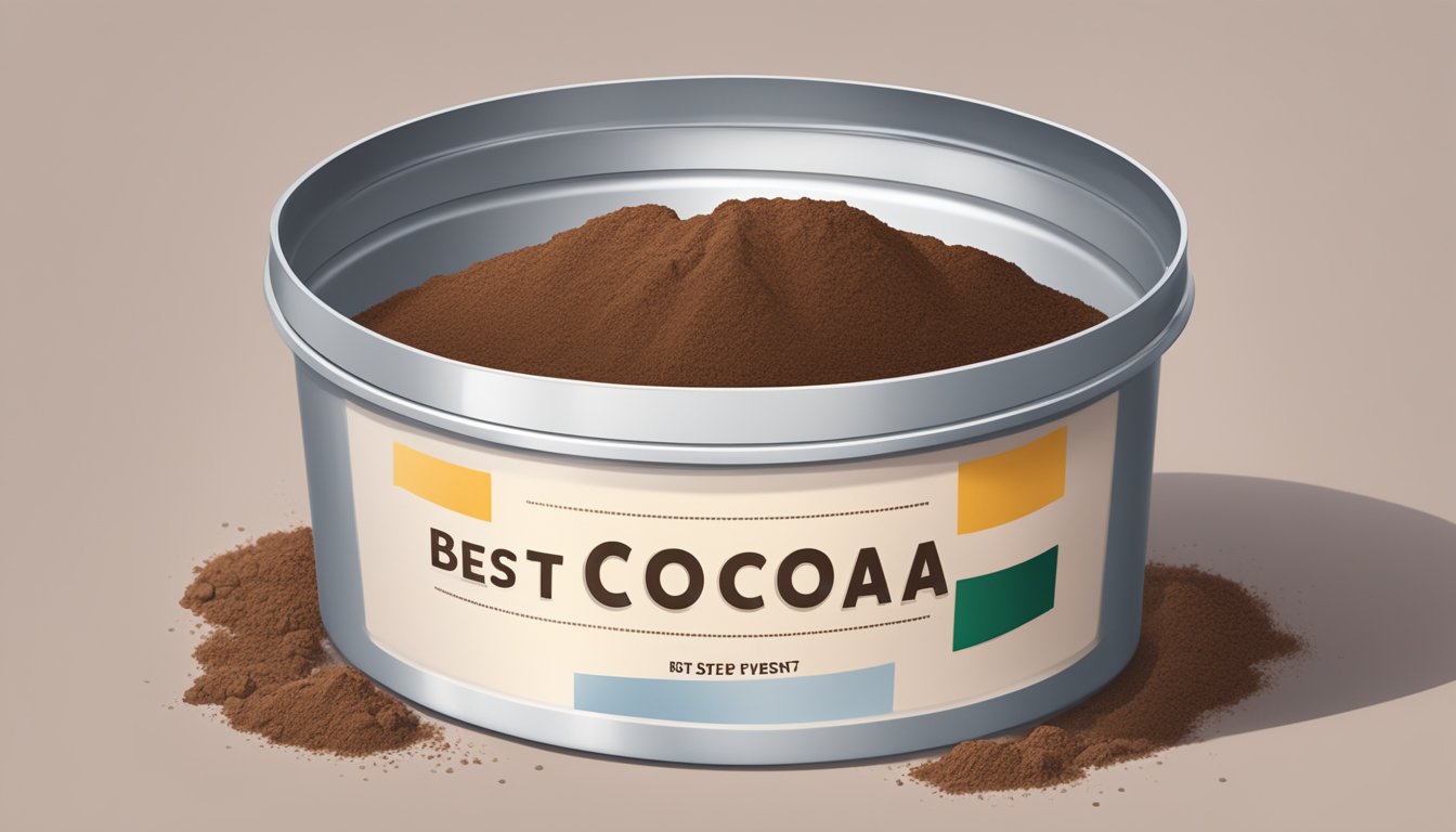 An open container of cocoa powder with a "best by" date and a question mark above it