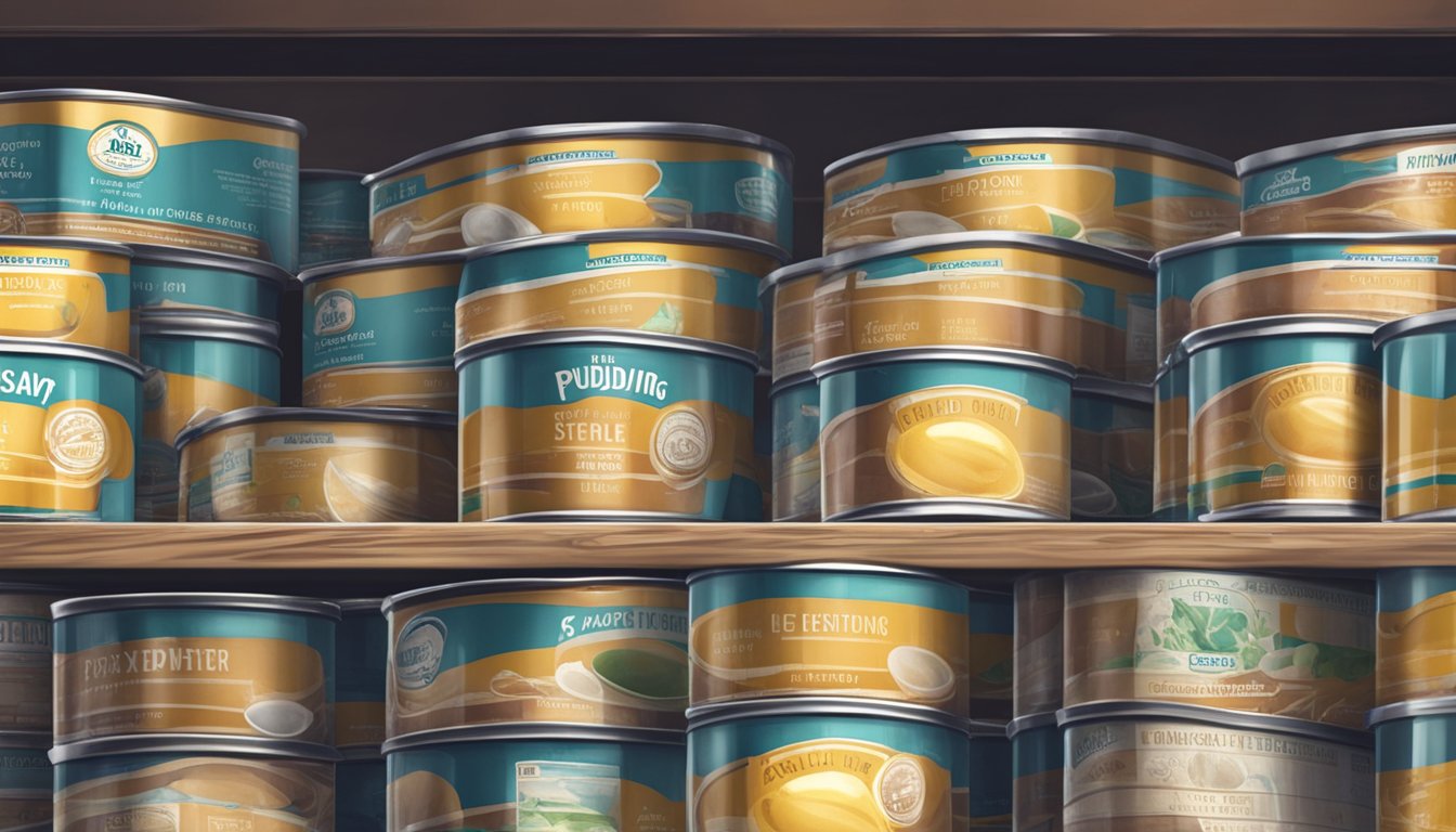 A stack of expired canned pudding with peeling labels, sitting on a dusty shelf in a neglected pantry