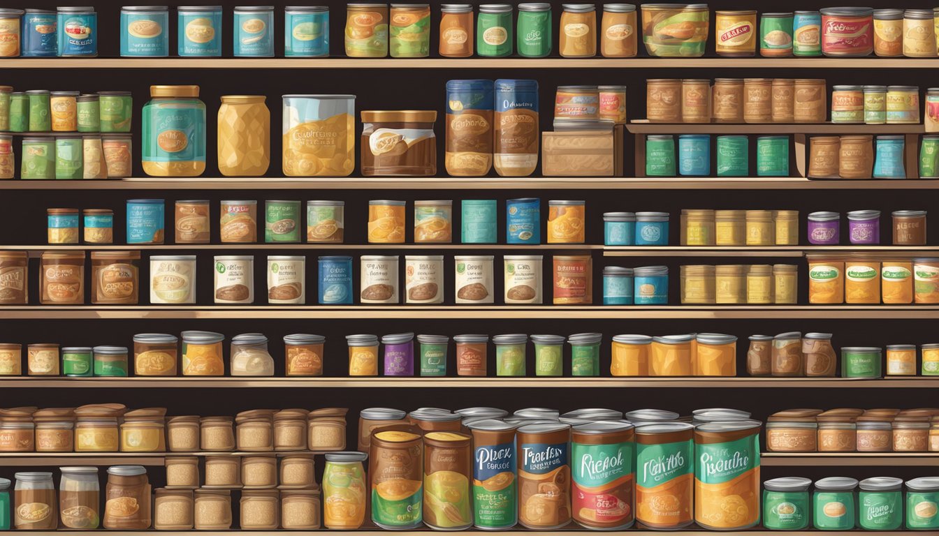 A pantry shelf with rows of canned pudding, some expired, others unopened