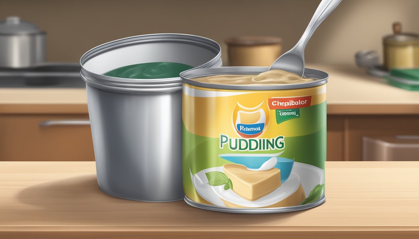 An open can of pudding with visible signs of spoilage, such as mold or a foul odor, sitting on a kitchen counter