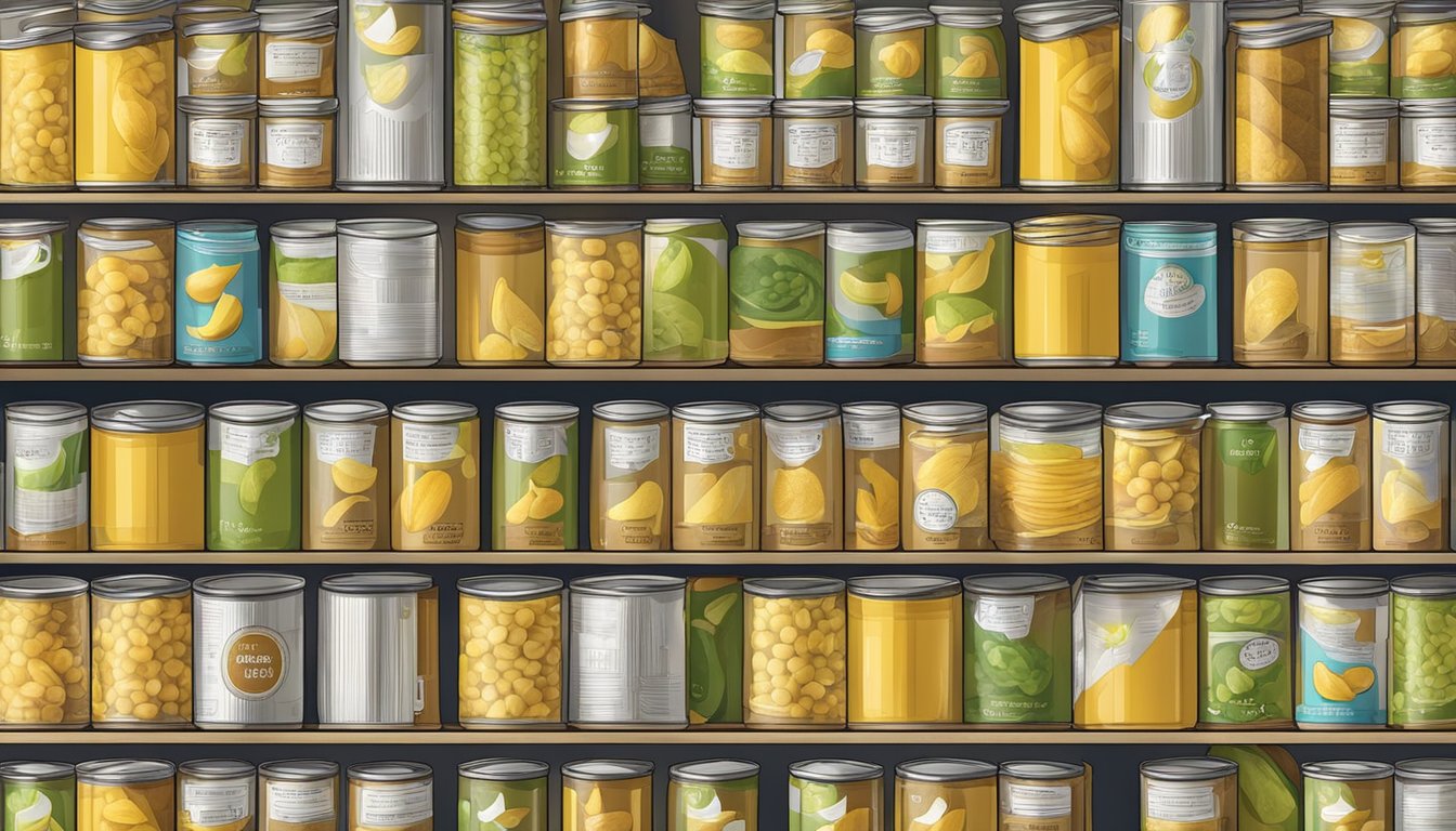 A well-organized pantry with neatly stacked canned jackfruit, some with expiration dates visible