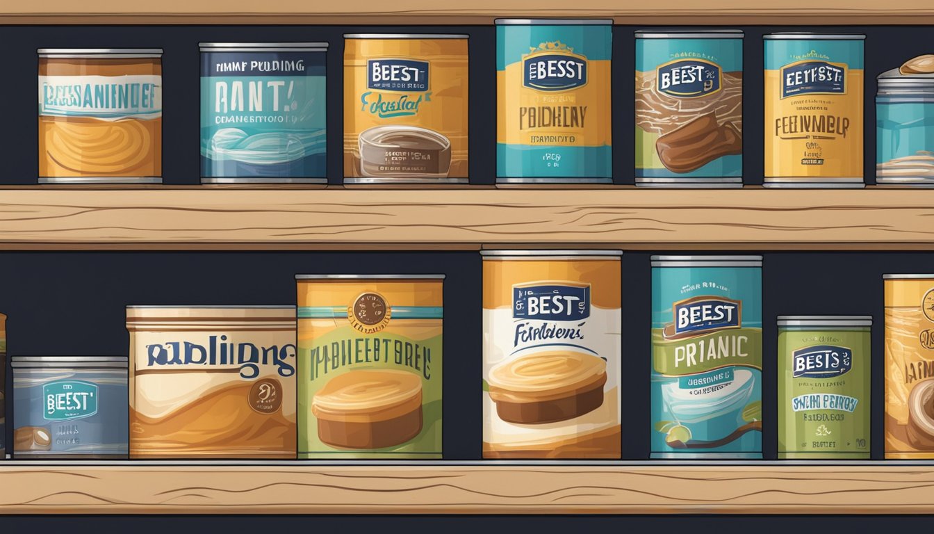 A pantry shelf with expired canned pudding and a "best by" date