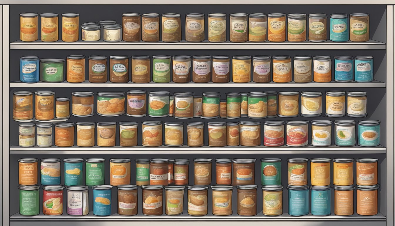 A pantry shelf with rows of canned pudding, some past expiration date, others still within their shelf life