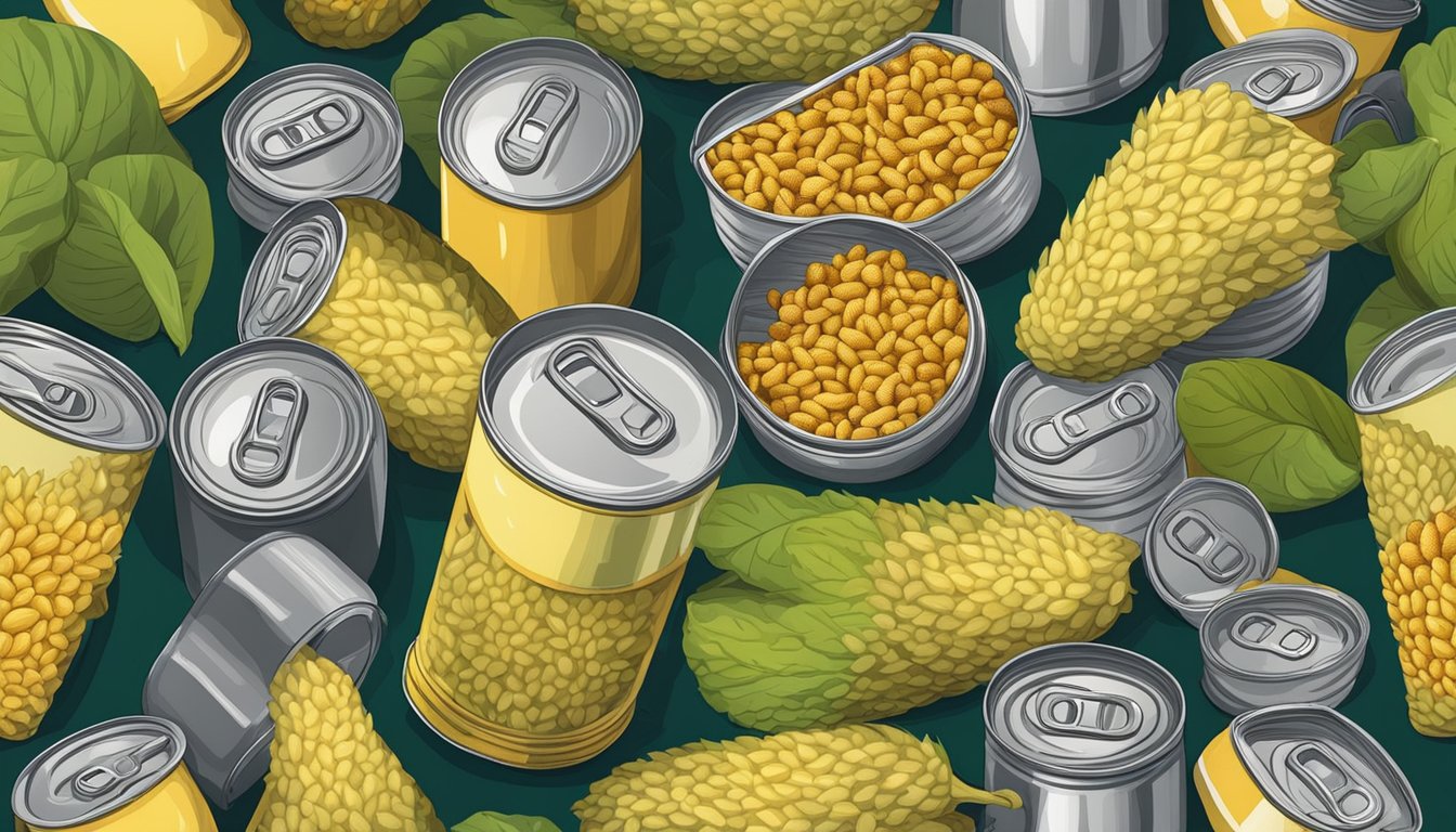 An open can of jackfruit with mold and a foul odor, surrounded by other expired canned goods