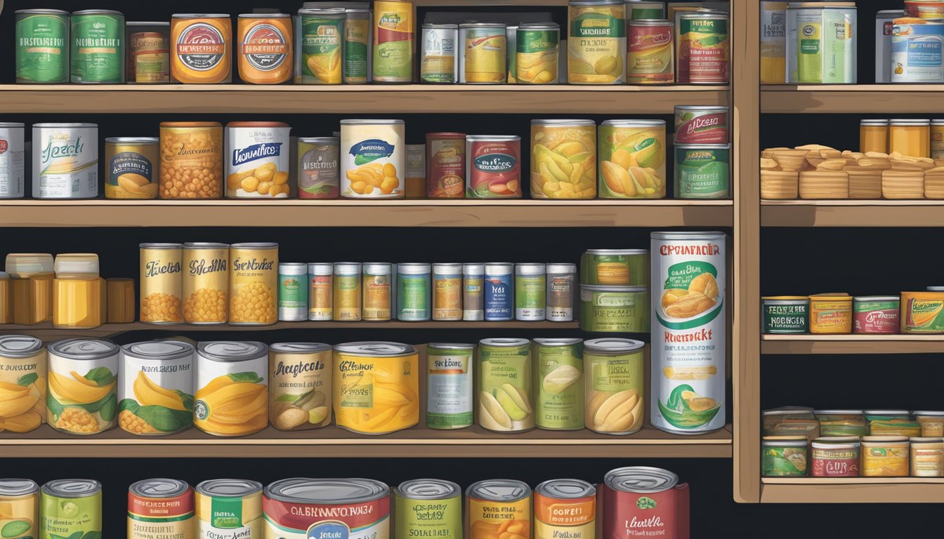 A pantry shelf with a variety of canned goods, including a can of jackfruit, with expiration dates clearly visible