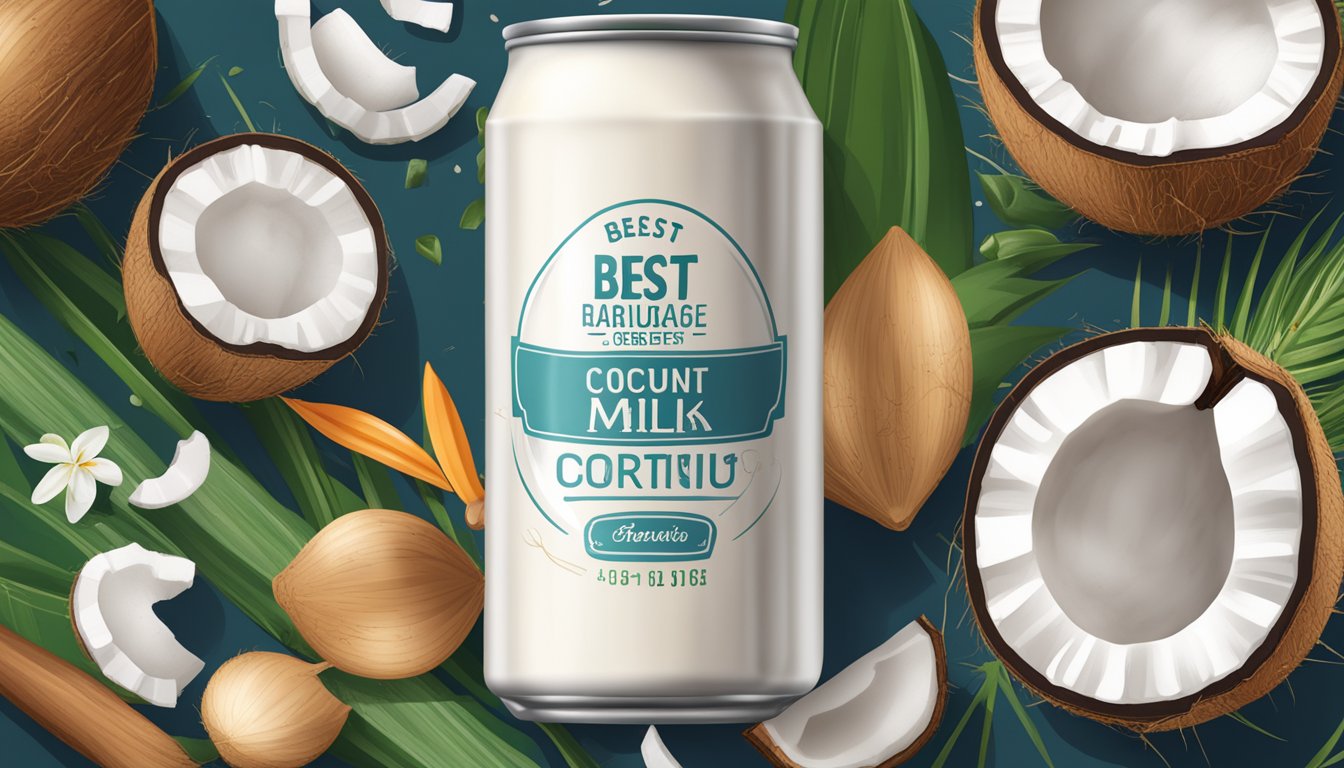 An open can of coconut milk with a best before date on the label, surrounded by various cooking and beverage ingredients