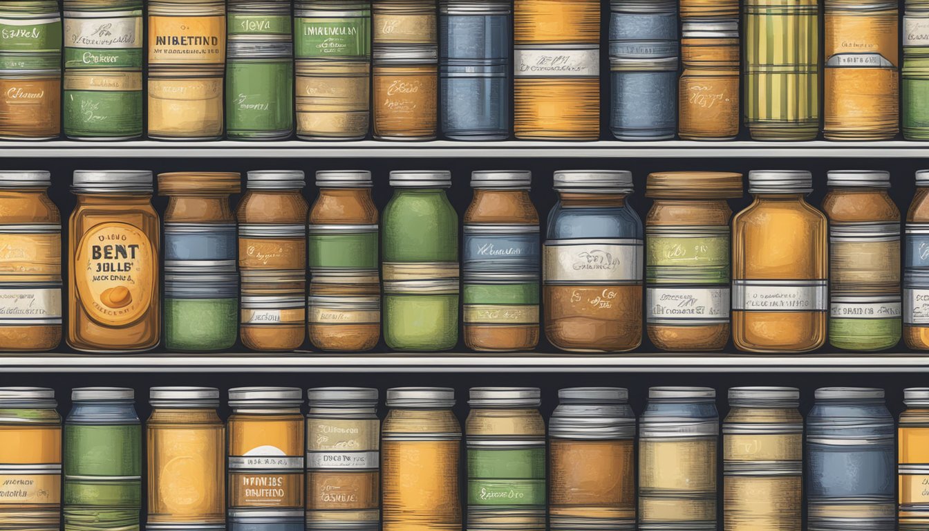 A pantry shelf with rows of canned apple jelly, some with expiration dates visible