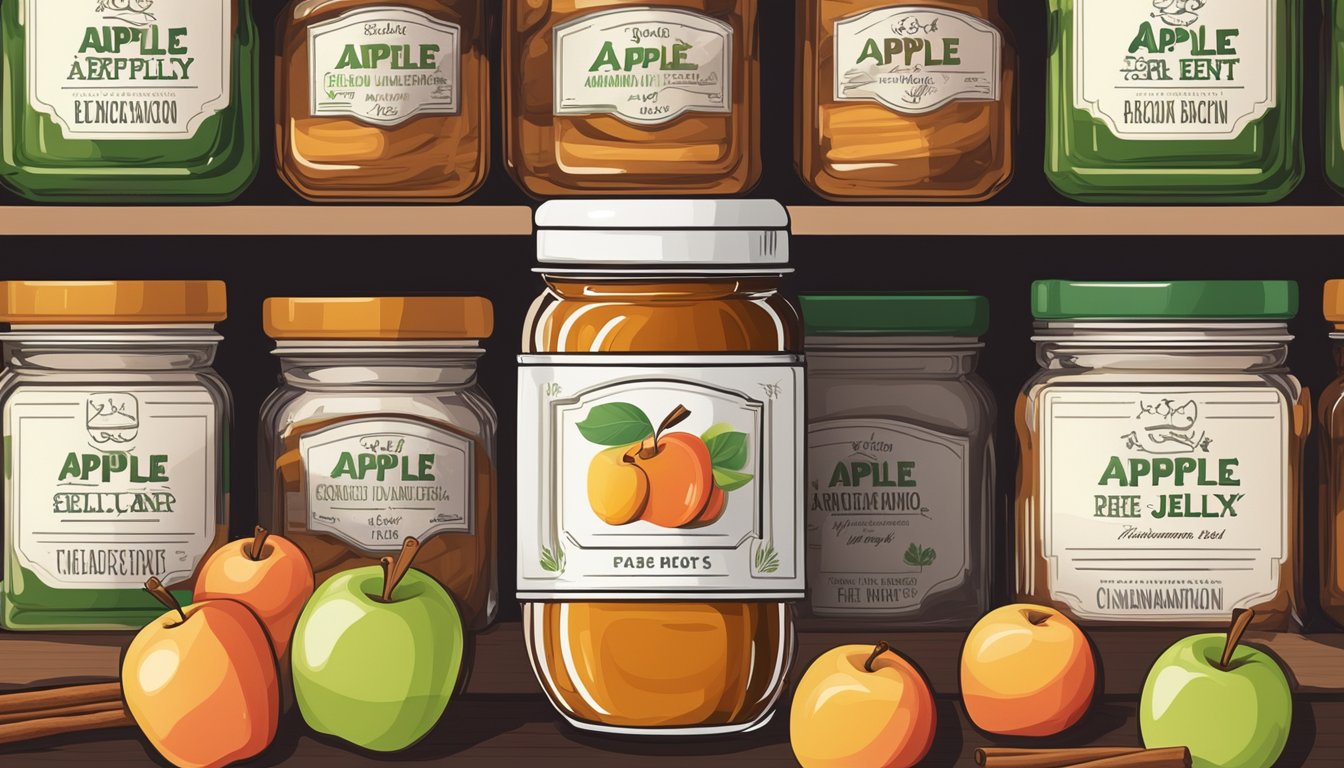 A jar of canned apple jelly sits on a shelf, surrounded by fresh apples and cinnamon sticks. The label shows a best before date