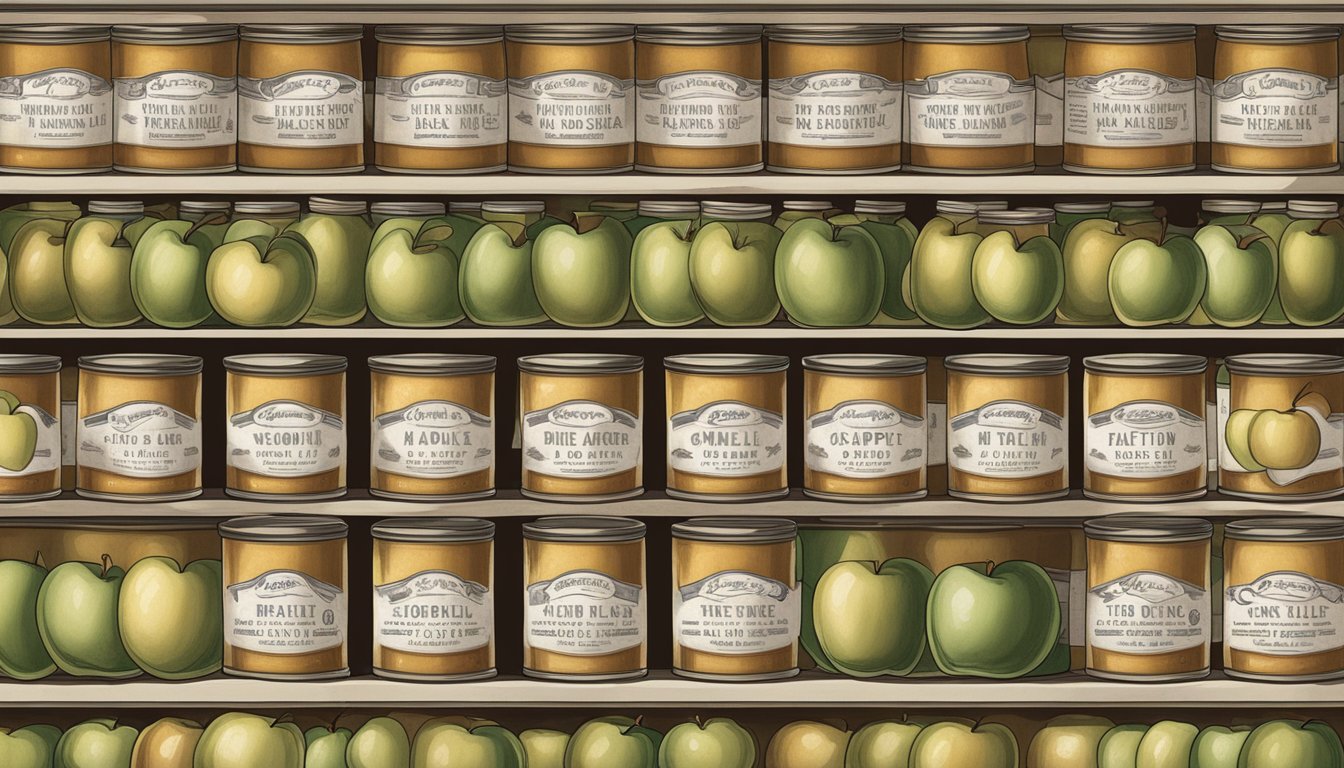 A row of canned apple jelly sits on a dusty shelf, their labels faded with time. Some jars are dented, others untouched