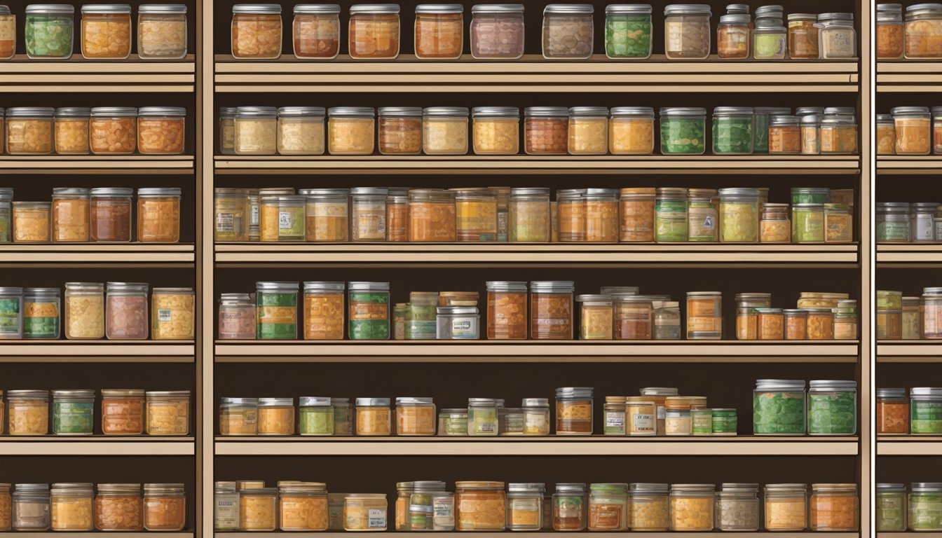 A pantry shelf with neatly organized rows of canned apple jelly, some with expiration dates clearly visible