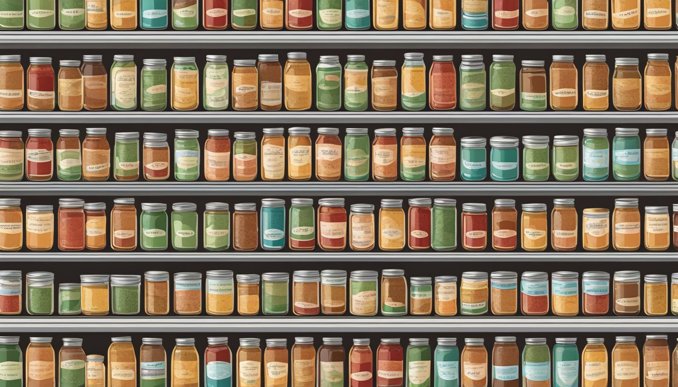 A pantry shelf with neatly organized rows of canned apple jelly, each jar labeled with expiration dates