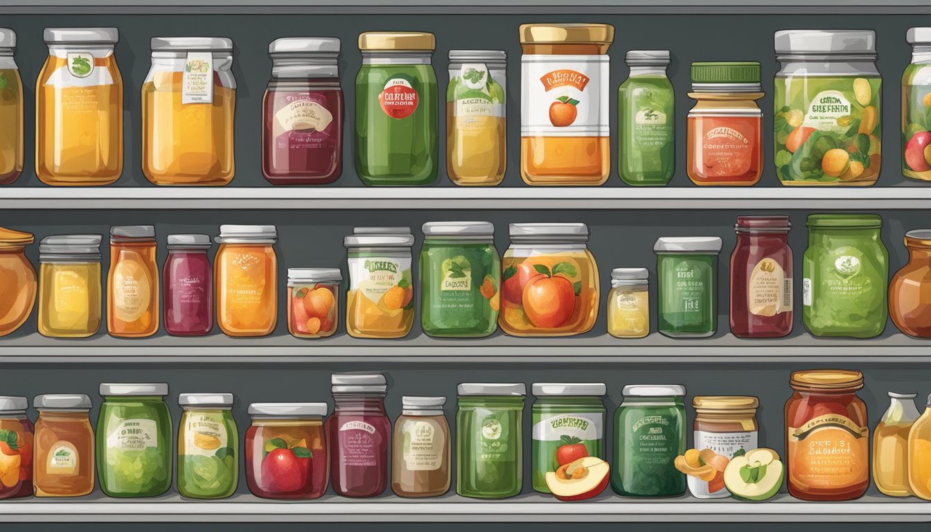 A can of apple jelly sits on a shelf, surrounded by other preserved fruit products, with a clear expiration date label