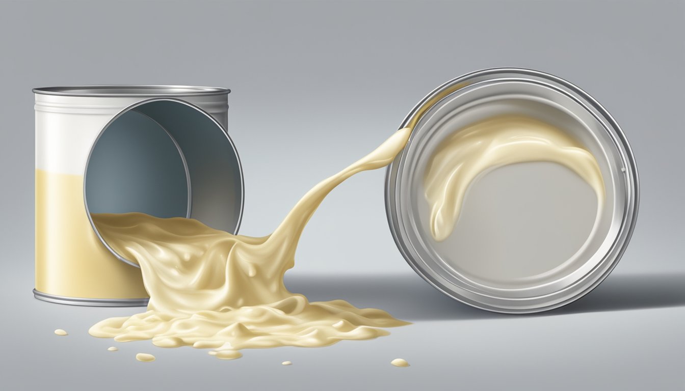 An open can of buttermilk with visible signs of spoilage, such as curdled or discolored liquid, emitting a foul odor