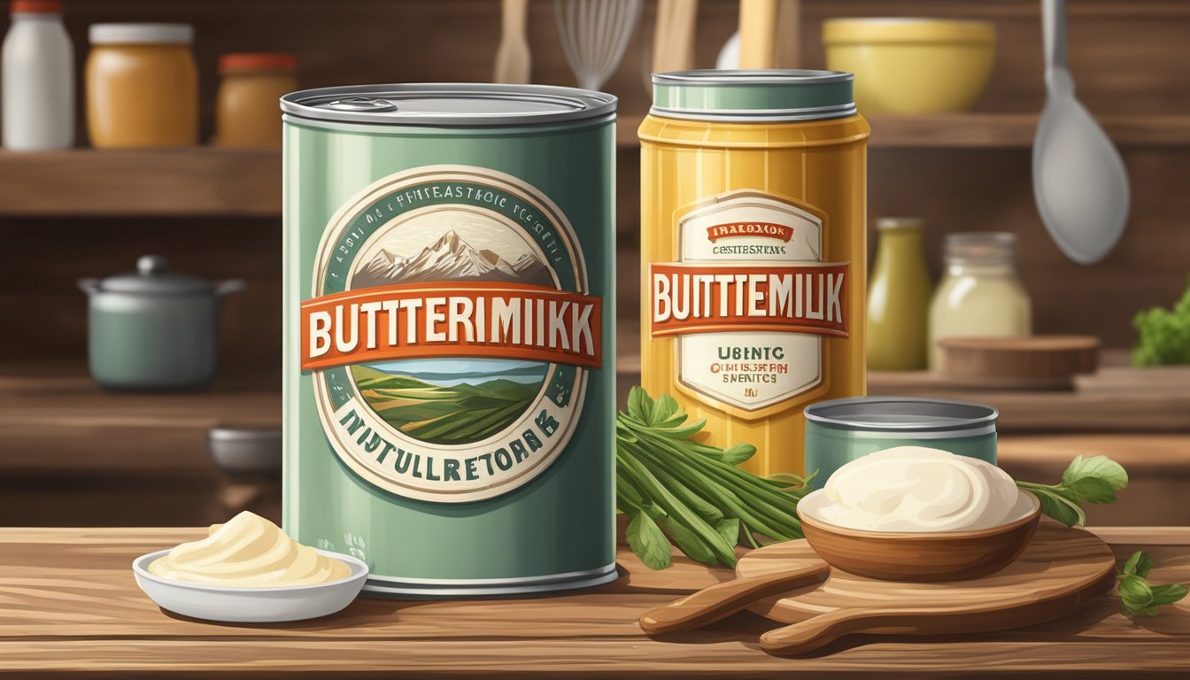 A vintage can of buttermilk sits on a rustic wooden table, surrounded by fresh ingredients and cooking utensils