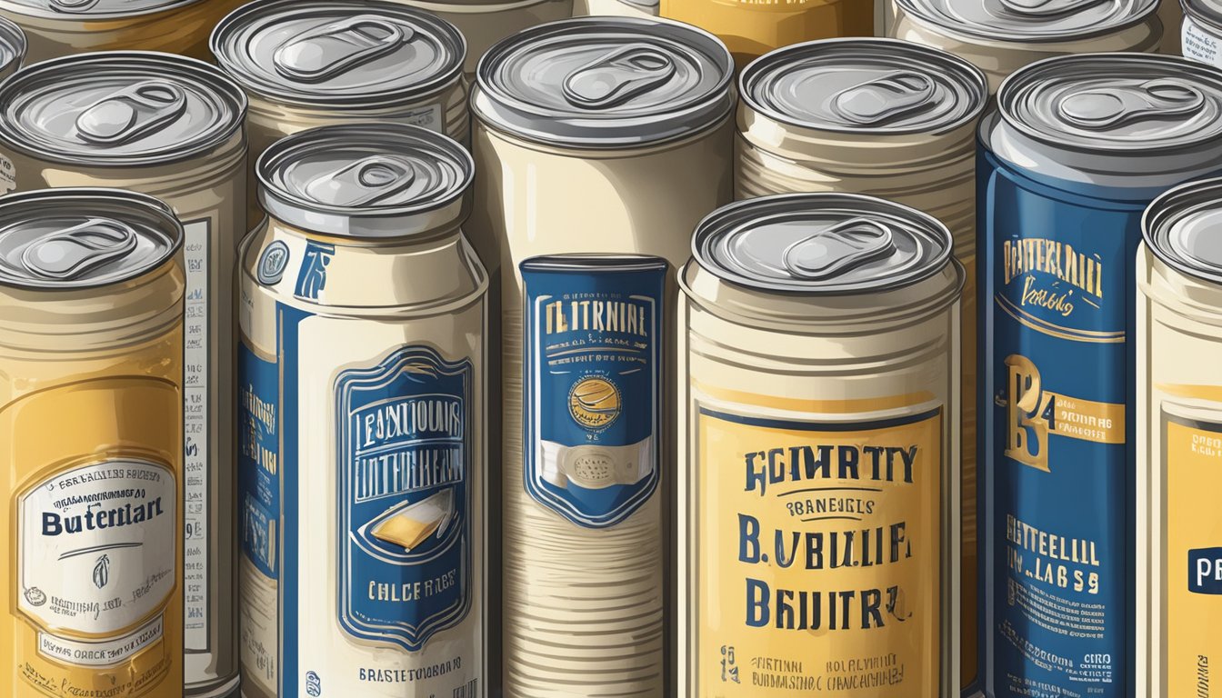 A pantry shelf with a row of canned buttermilk, some slightly dusty, with expiration dates ranging from recent to long past