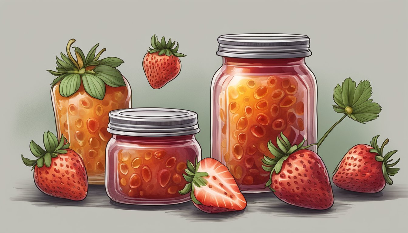 A jar of strawberry jam with mold growing on the surface, surrounded by fruit flies