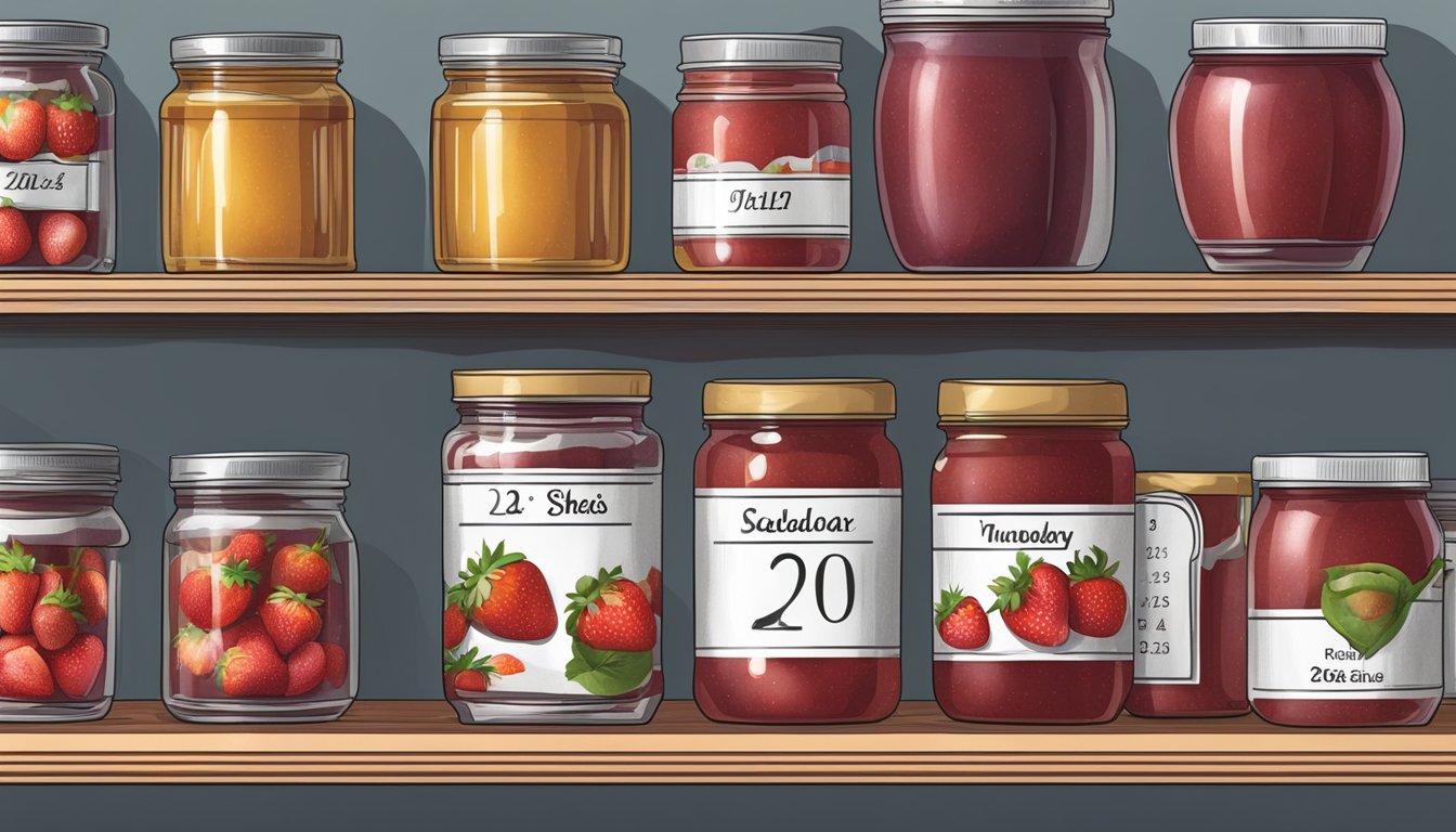 A pantry shelf with expired canned strawberry jam and a calendar showing the current date