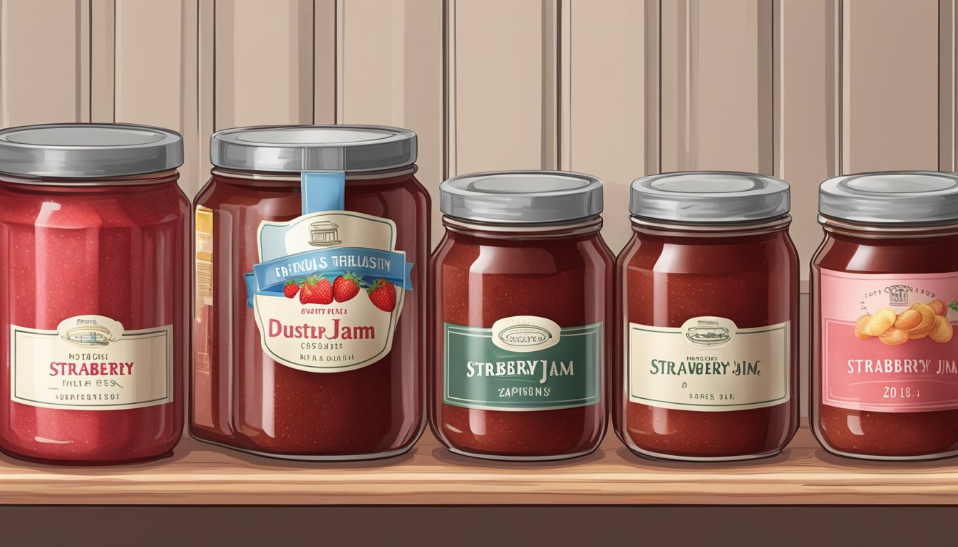 A pantry shelf with a row of dusty canned strawberry jam, one jar prominently labeled with an expiration date