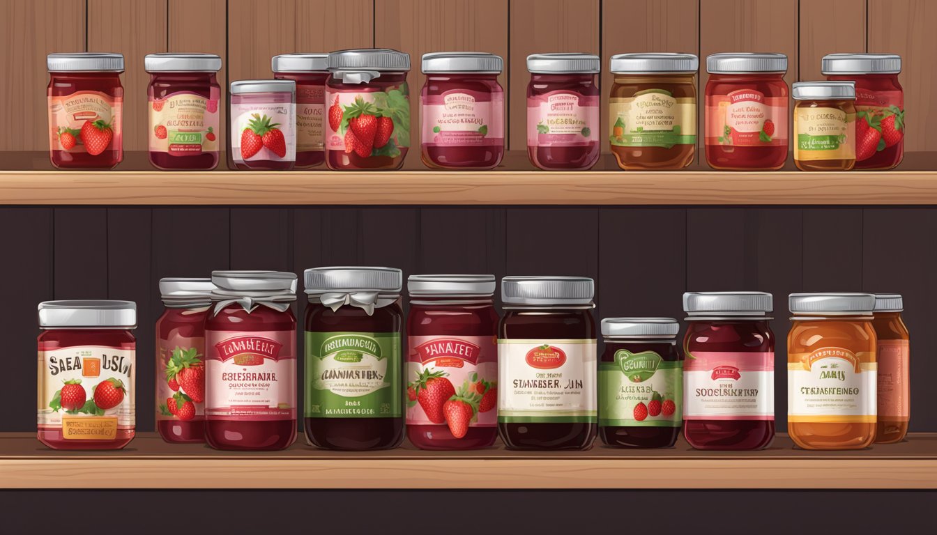 A variety of strawberry jam products displayed on a shelf, including canned jars with expiration dates visible