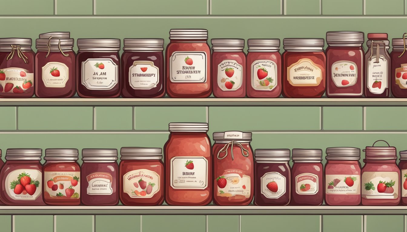 A shelf with rows of neatly labeled jars of strawberry jam, some with expiration dates, surrounded by pots, fruits, and cooking utensils