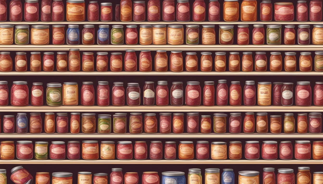 A pantry shelf with rows of expired and unexpired canned strawberry jam