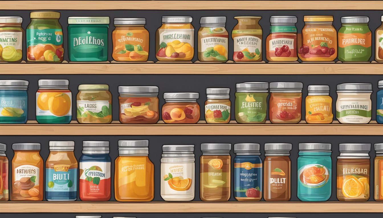 A pantry shelf with various canned fruit spreads, some showing signs of expiration with bulging lids and discolored contents