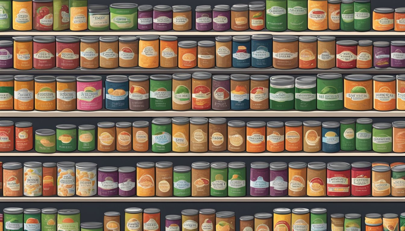 A pantry shelf with neatly organized rows of canned fruit spreads, some with expiration dates clearly visible