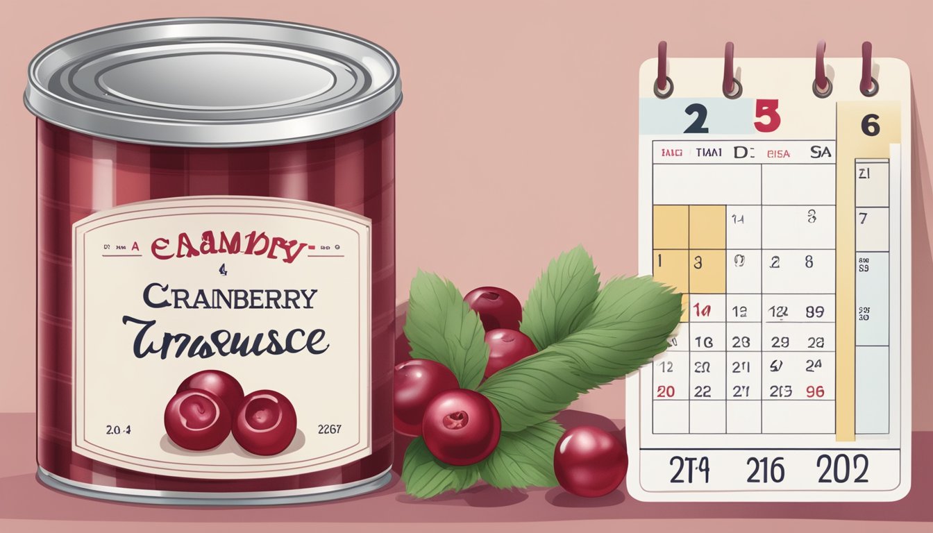 A can of cranberry sauce next to a calendar with an expiration date circled