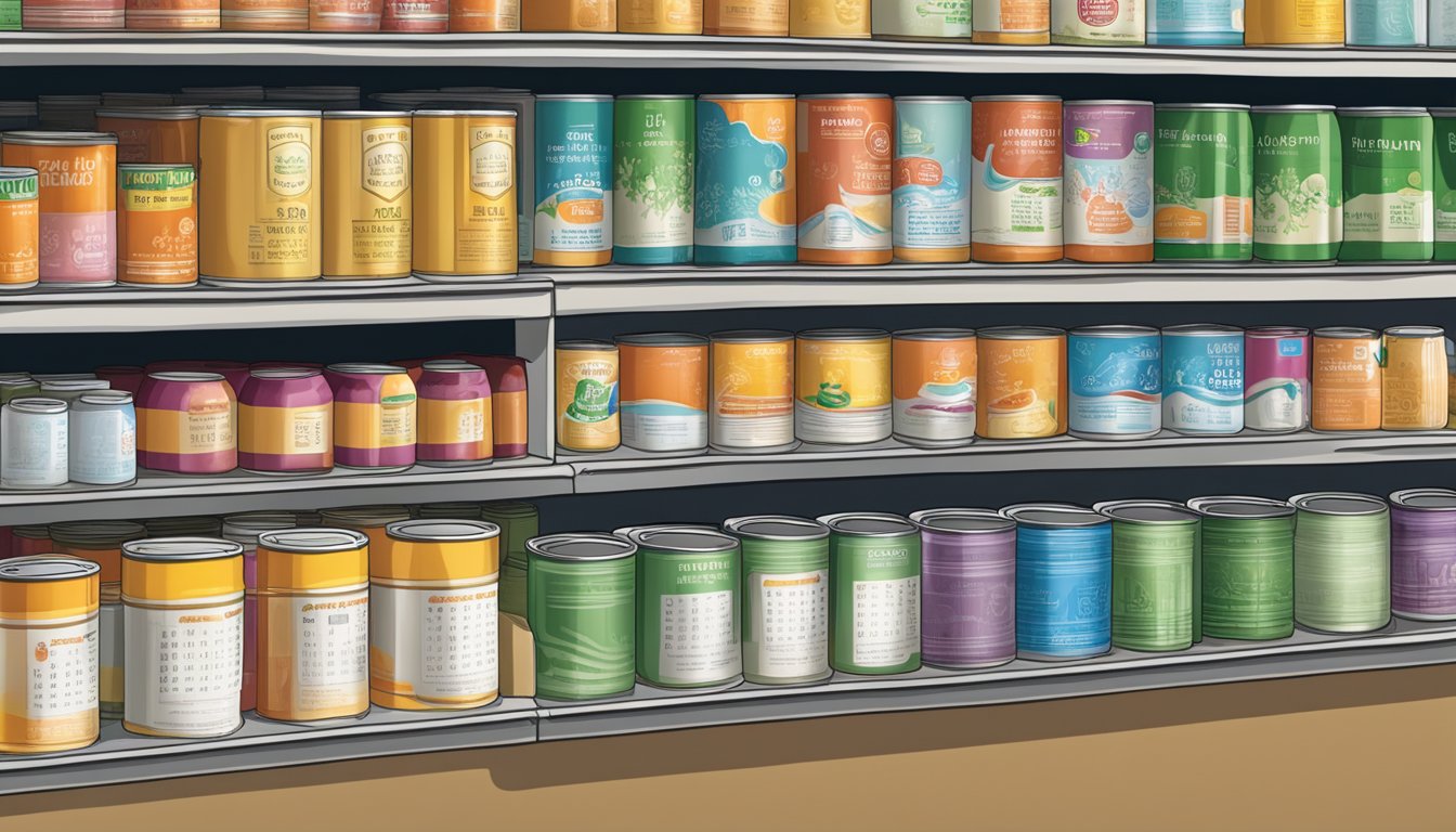 An open can of gelatin sits on a shelf beside a calendar, showing the current date. The gelatin is surrounded by other canned goods, with a few empty spaces on the shelf