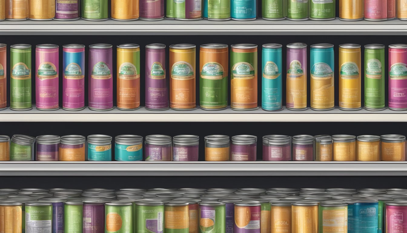 A pantry shelf with rows of canned gelatin, some with expiration dates visible