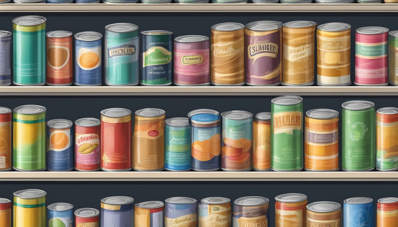 A pantry shelf with rows of canned gelatin, some with expiration dates, others covered in dust