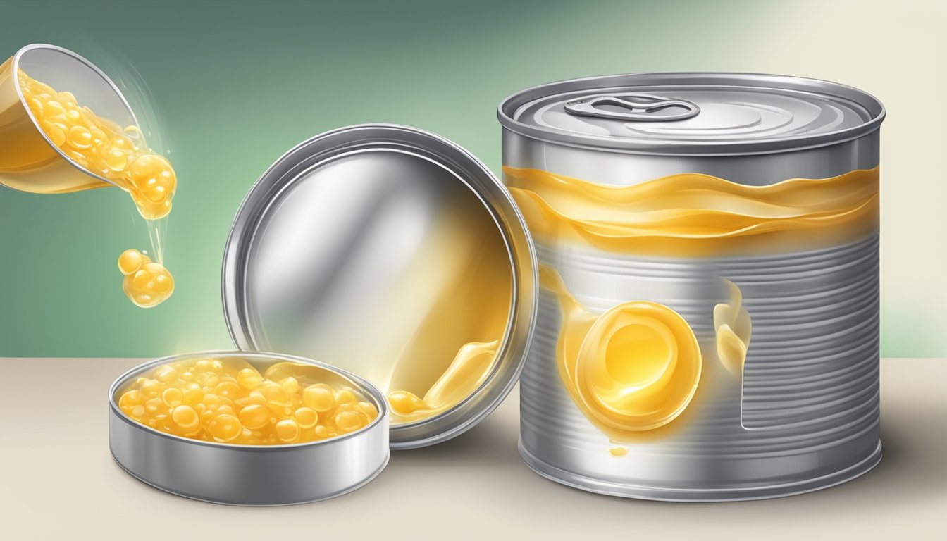 An open can of gelatin with visible signs of spoilage, such as mold or a foul odor