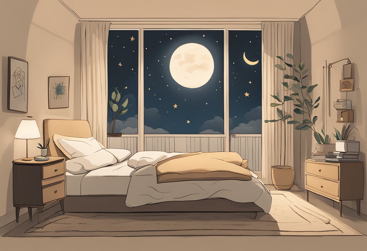 Une chambre paisible avec un lit, une table de nuit et un masque de sommeil. Une horloge au mur indique l'heure. La pièce est faiblement éclairée, avec une fenêtre révélant le ciel nocturne.