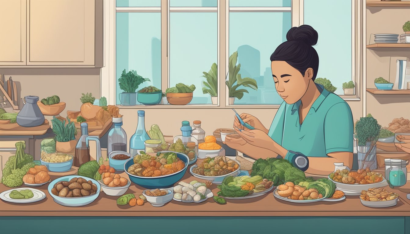 A diabetic sitting at a table, surrounded by a variety of foods including abalone, while a nutritionist explains the potential impact on blood sugar levels