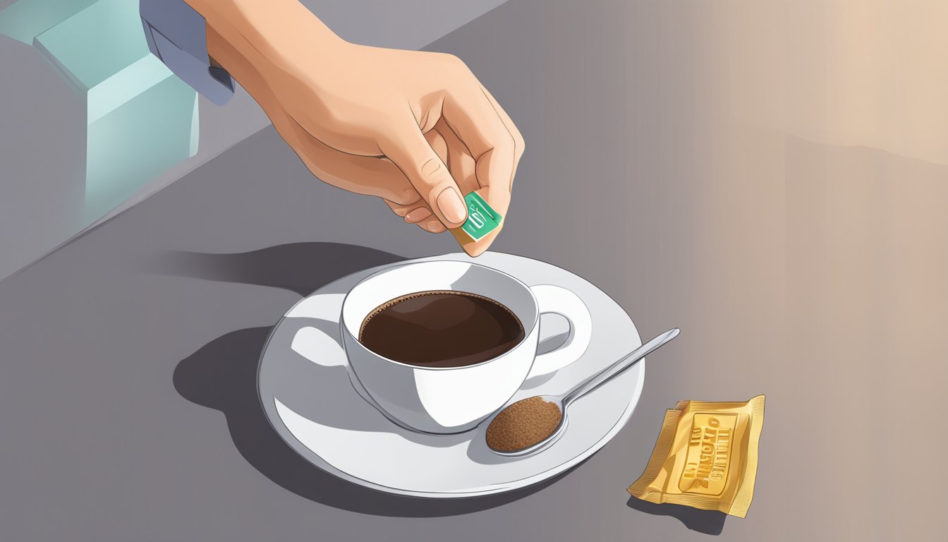 A diabetic person reaching for a packet of acesulfame potassium to sweeten their coffee